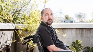 Casey Harrell at home in Oakland, California.