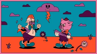 Cartoons of a chicken and a pig looking like they are about to fight