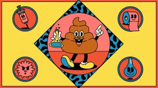 An illustration of a friendly looking piece of poop surrounded by virus illustrations