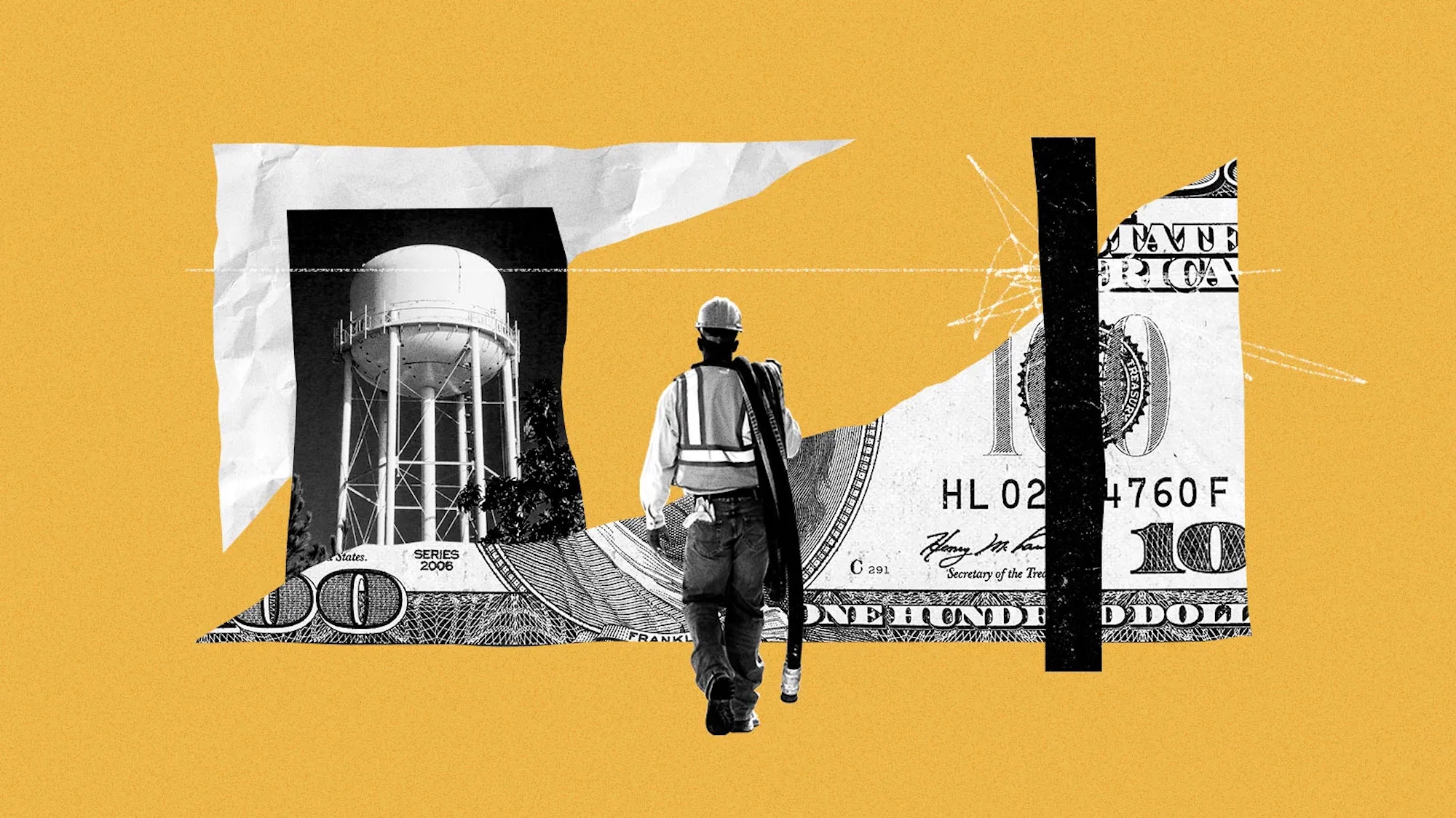 A collage of a worker and a $100 dollar bill