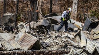 August 15, 2023, Lahaina, HI, United States: A member of the combined Joint Task Force 50 searches the rubble of homes for human remains in the aftermath of wildfires that swept across the town, August 15, 2023 in Lahaina, Maui, Hawaii. Wildfires fanned by high winds killed at least 100 people and destroyed thousands of homes on the island. (Credit Image: � Ssgt. Matthew Foster/U.S. Nation/Planet Pix via ZUMA Press Wire)