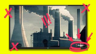 An collage of a photo of a factory, the Prager U logo with 'x"s on top