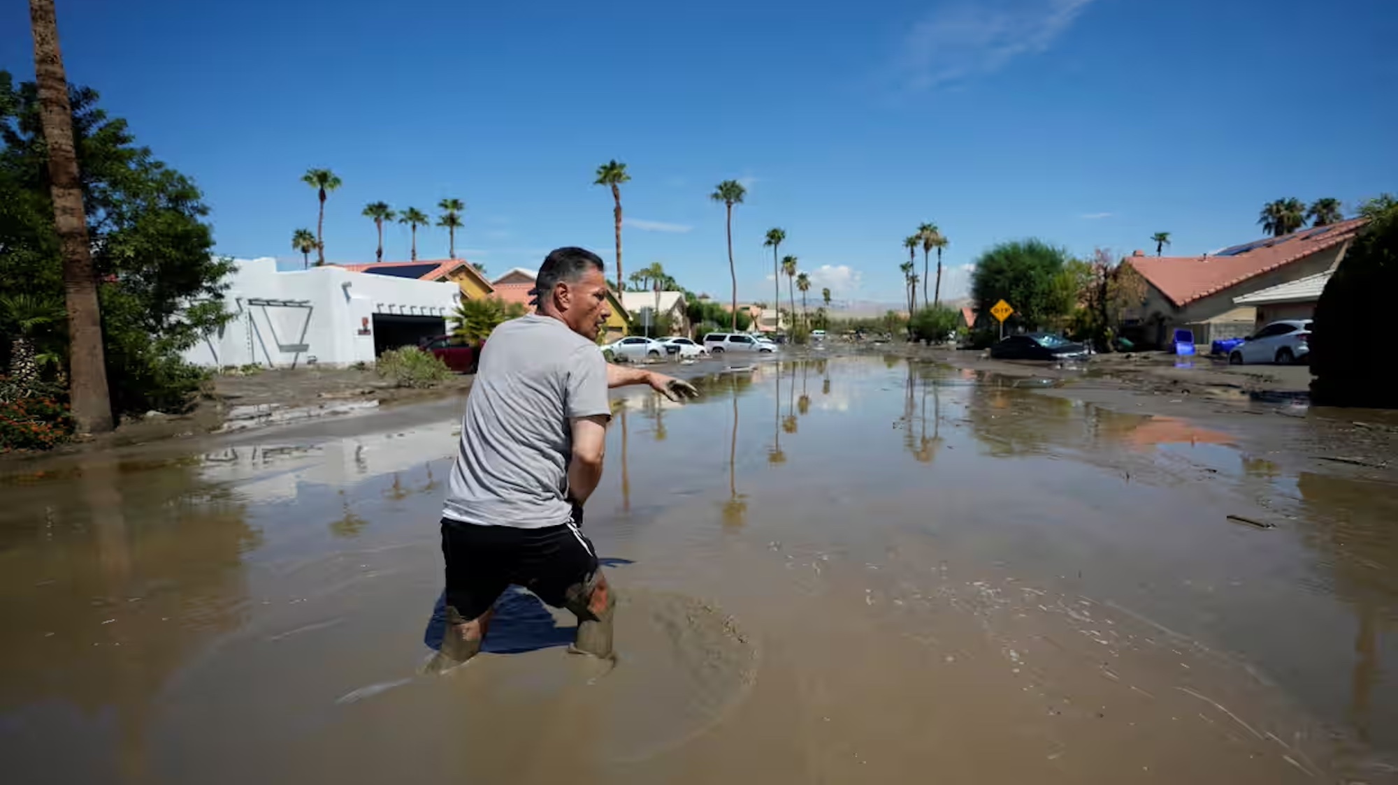 Ronald Mendiola returns to his home after Storm Hilary passed through Cathedral City, California, on 21 August.