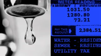 A drop of water falls from a facet. Next to it is a blue-colored water bill.