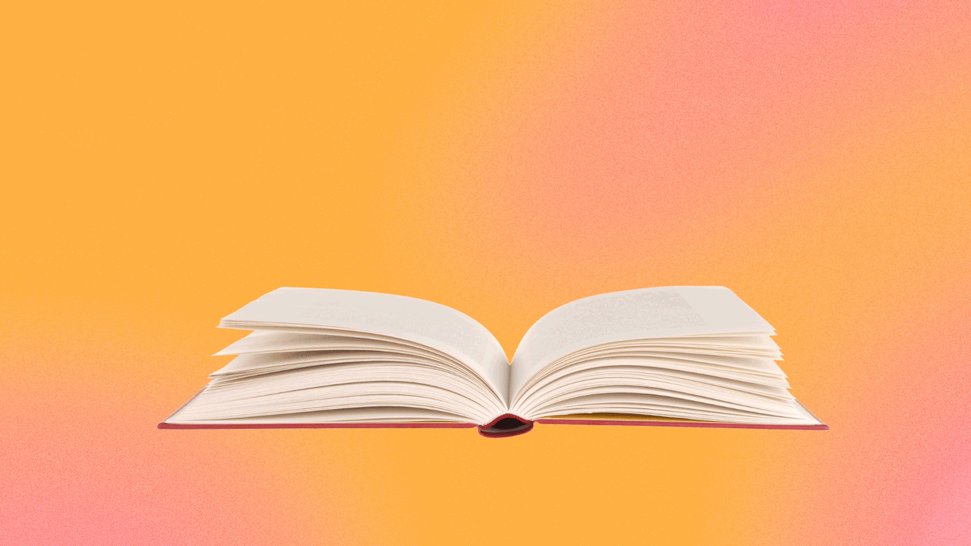 an illustration of an open book against an orange and pink background