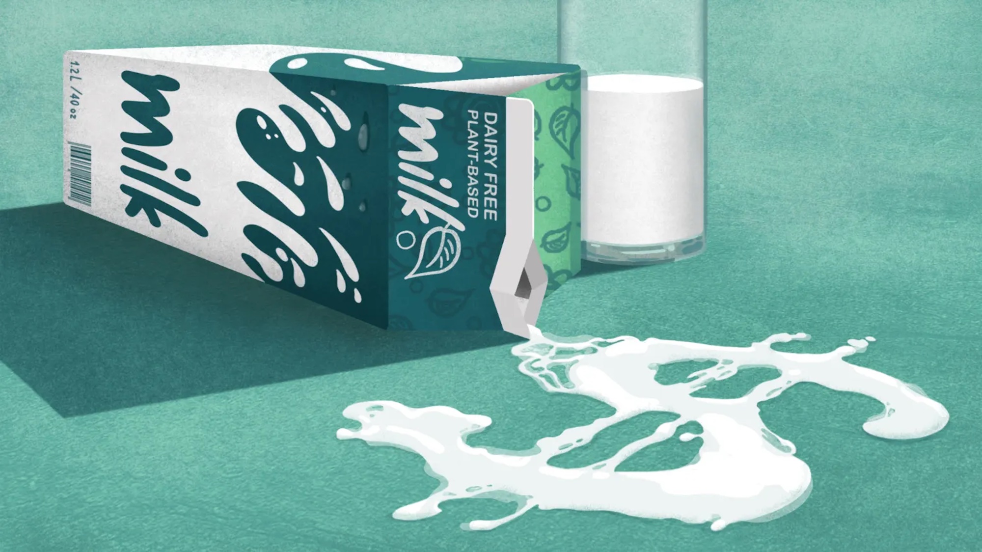 An illustration of milk poured out, milk making a dollar sign