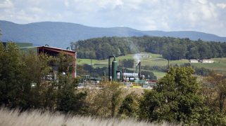 A natural gas compressor station on a hillside Septem in Penn Township, Pennsylvania.
