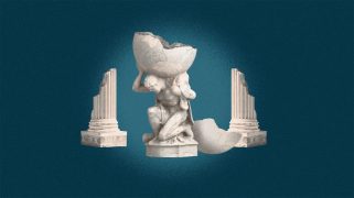 A collage of a statue holding a broken globe and two parts of Roman buildings, with a blue background
