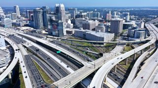An aerial view of the Interstate 4 and State Road 408 interchange in downtown Orlando.