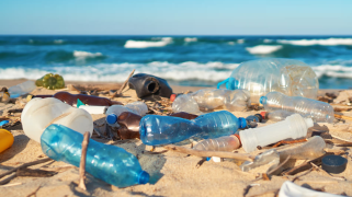 Blue, white, and clear plastic pollution sits on a golden beach with waves coming in the background.