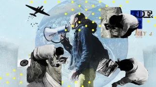 Figures hold pieces of the a dollar bill over a blue background with an earth.