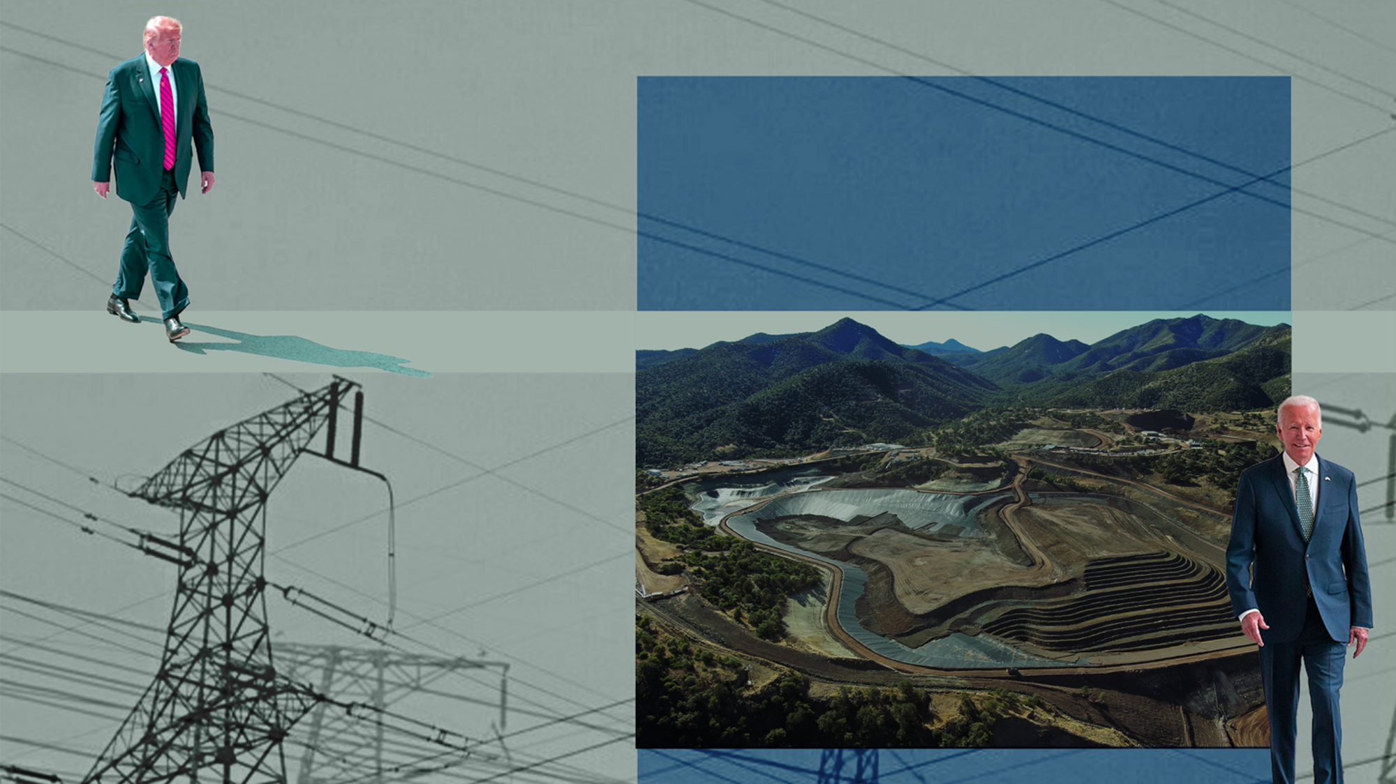An illustration including a transmission line, two white men in suits walking, and some mountains.