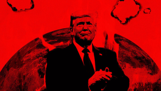 An illustration of Donald Trump in red and black.