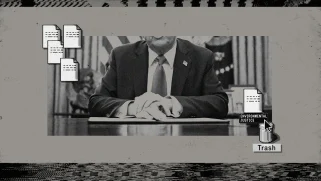 An illustration of a man in a suite in black in white on a grey background.