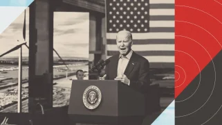 An illustration of a white man in front of an American flag.