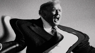 A distorted, black and white photo of Trump