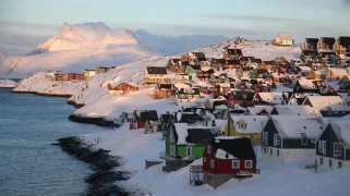 Snowy, colorful houses