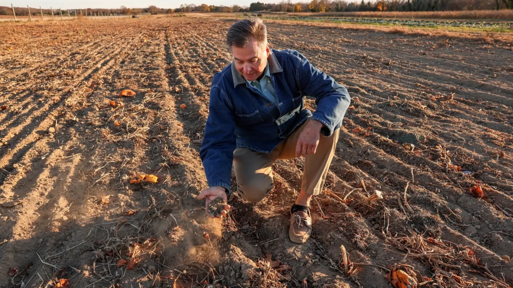 A farmer crouches over brown fields.