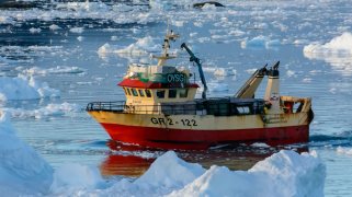 A red ship among icy water.