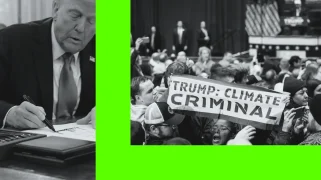 Black and white photos of Trump and climate protesters on a green background