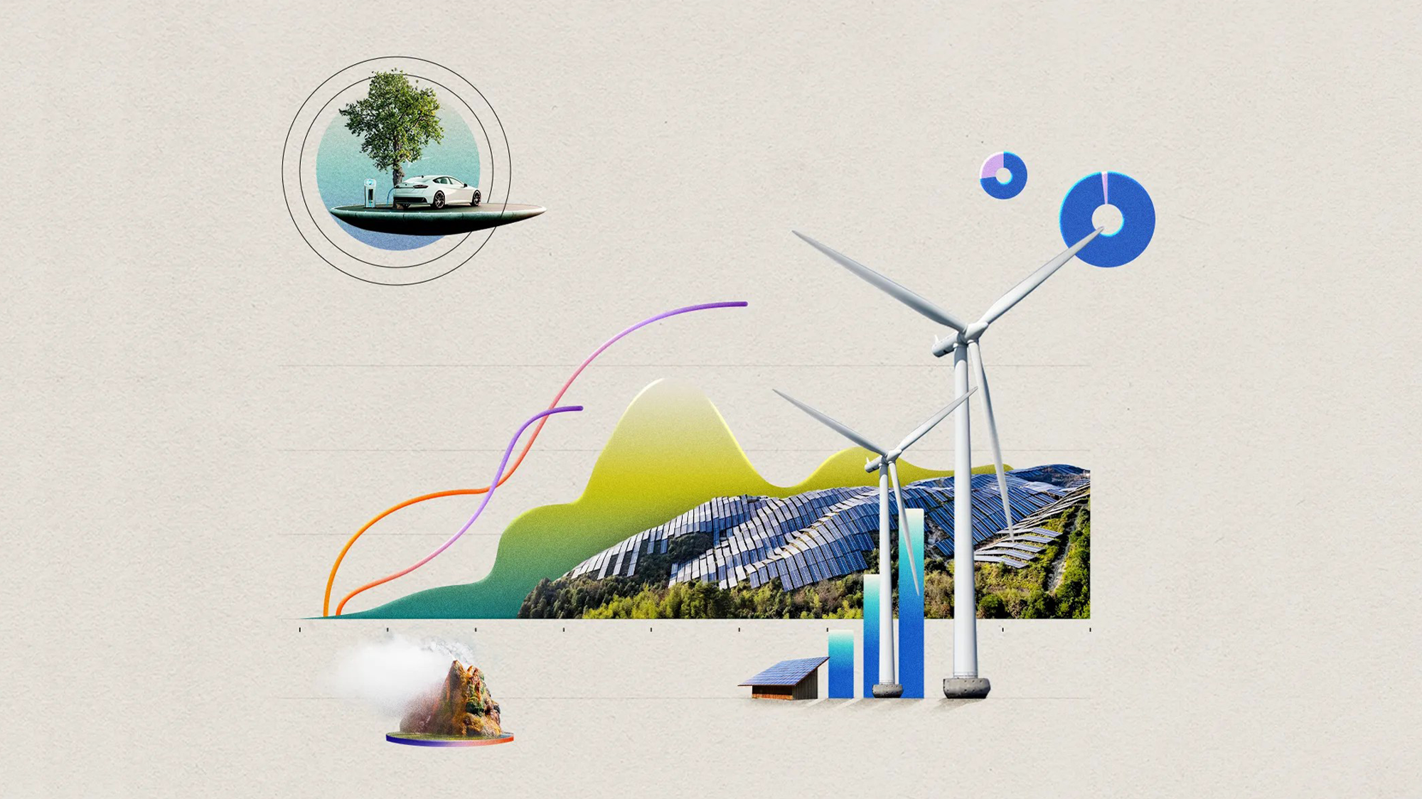 A graphic of different types of renewable energy: solar, wind, geothermal.