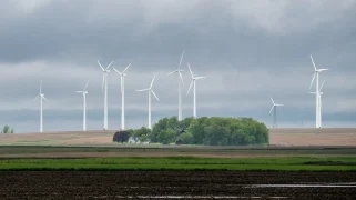 Wind turbines on a green and yellow plain