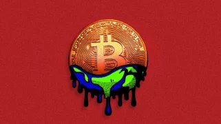 A coin with an earth dripping off on a red background.