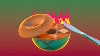 An illustration of a bagel globe on fire with a knife smearing butter on it.