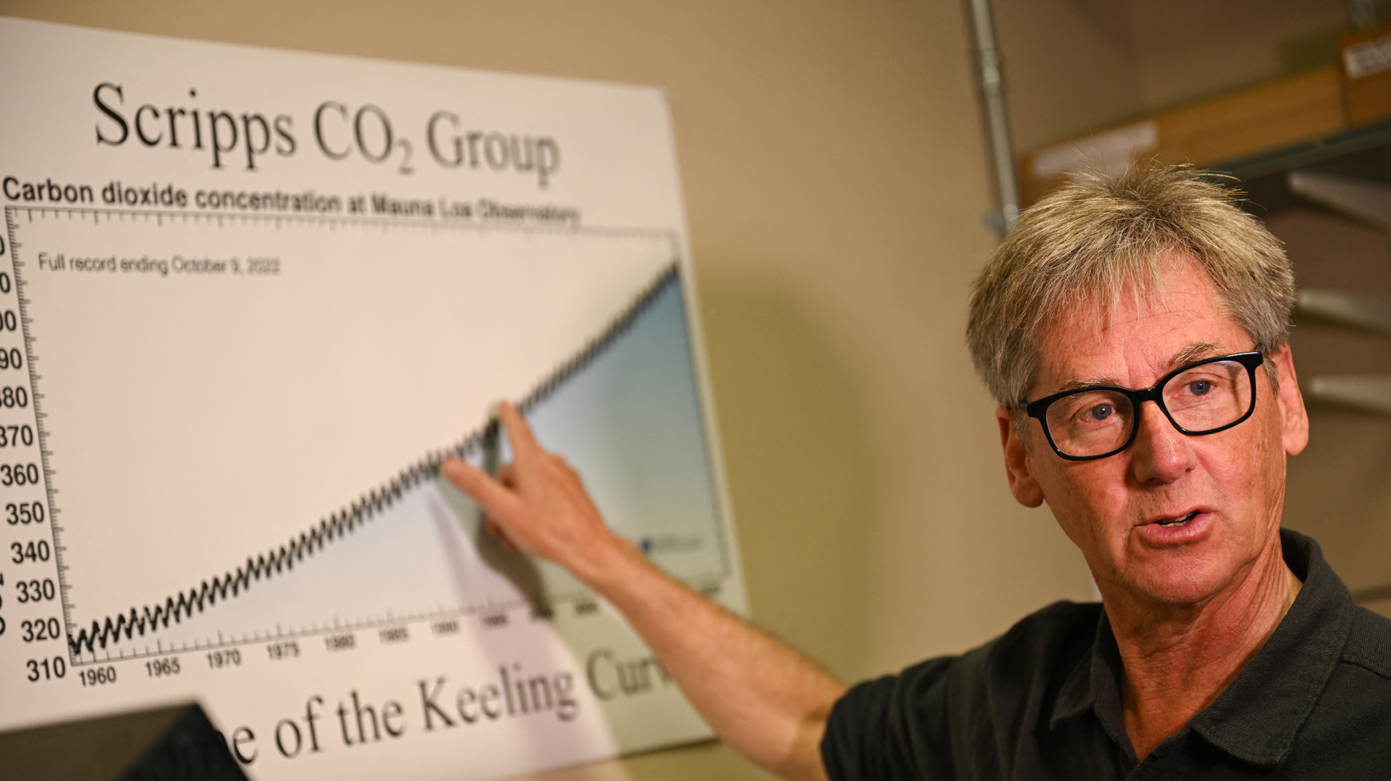 Professor Ralph Keeling speaks during an interview about the importance of measuring carbon dioxide from air samples as part of the Keeling Curve long term monitoring study in the carbon dioxide research laboratory at the UC San Diego Scripps Institution of Oceanography in San Diego, California on April 11, 2025. Keeling's father, Charles David Keeling, decided in 1958 to measure atmospheric CO2 concentrations at the summit of the Mauna Loa volcano in Hawaii. This gave rise to the Keeling curve, which today represents the oldest continuous measurement of this greenhouse gas, which is produced by the burning of fossil fuels. After 67 years, the fate of this "major indicator of climate change" is uncertain under President Donald Trump's administration. The United States "needs this information, there's no doubt about it," the geochemistry professor at the Scripps Institution of Oceanography in San Diego told AFP. (Photo by Patrick T. Fallon / AFP) (Photo by PATRICK T. FALLON/AFP via Getty Images)