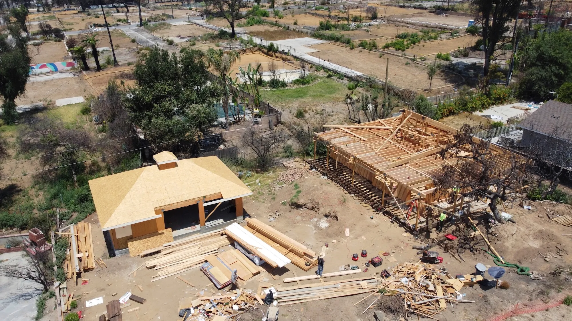 Aerial photo of construction of houses
