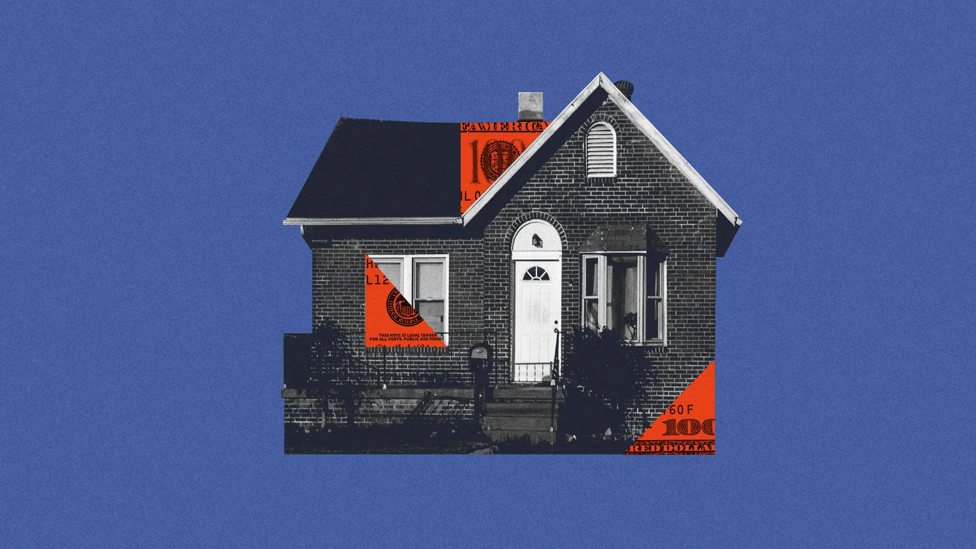 A black and red illustration of a house on a blue background.