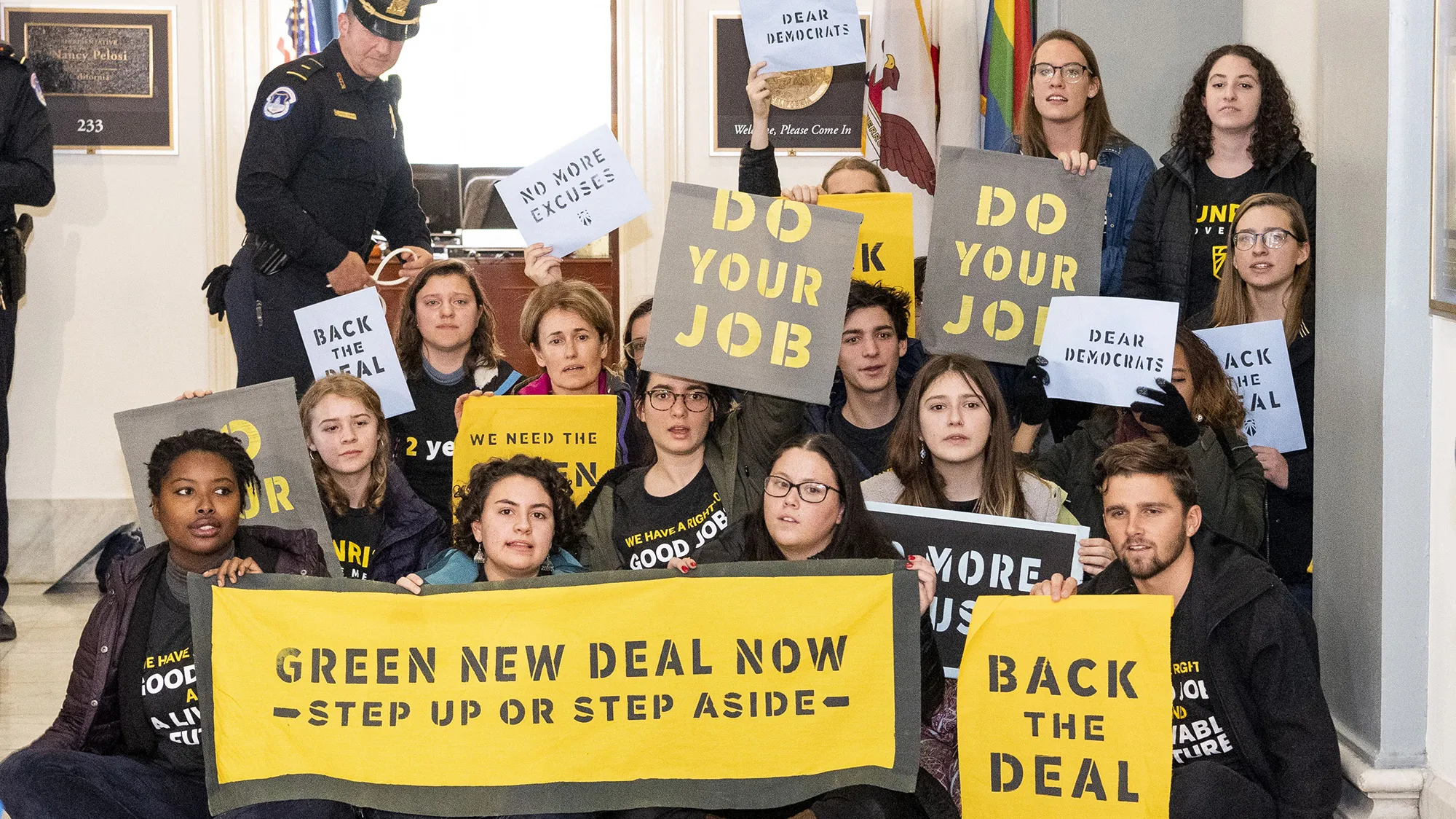 A Sunrise Movement protest at the US Capitol in Washington DC in December 2018.