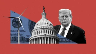 A red background with half of a blue dollar and black and white photos of a wind turbine, congress, and Donald Trump