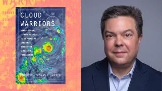 An image of the book "Cloud Warriors" next to an image of a white man with brown-grey hair.