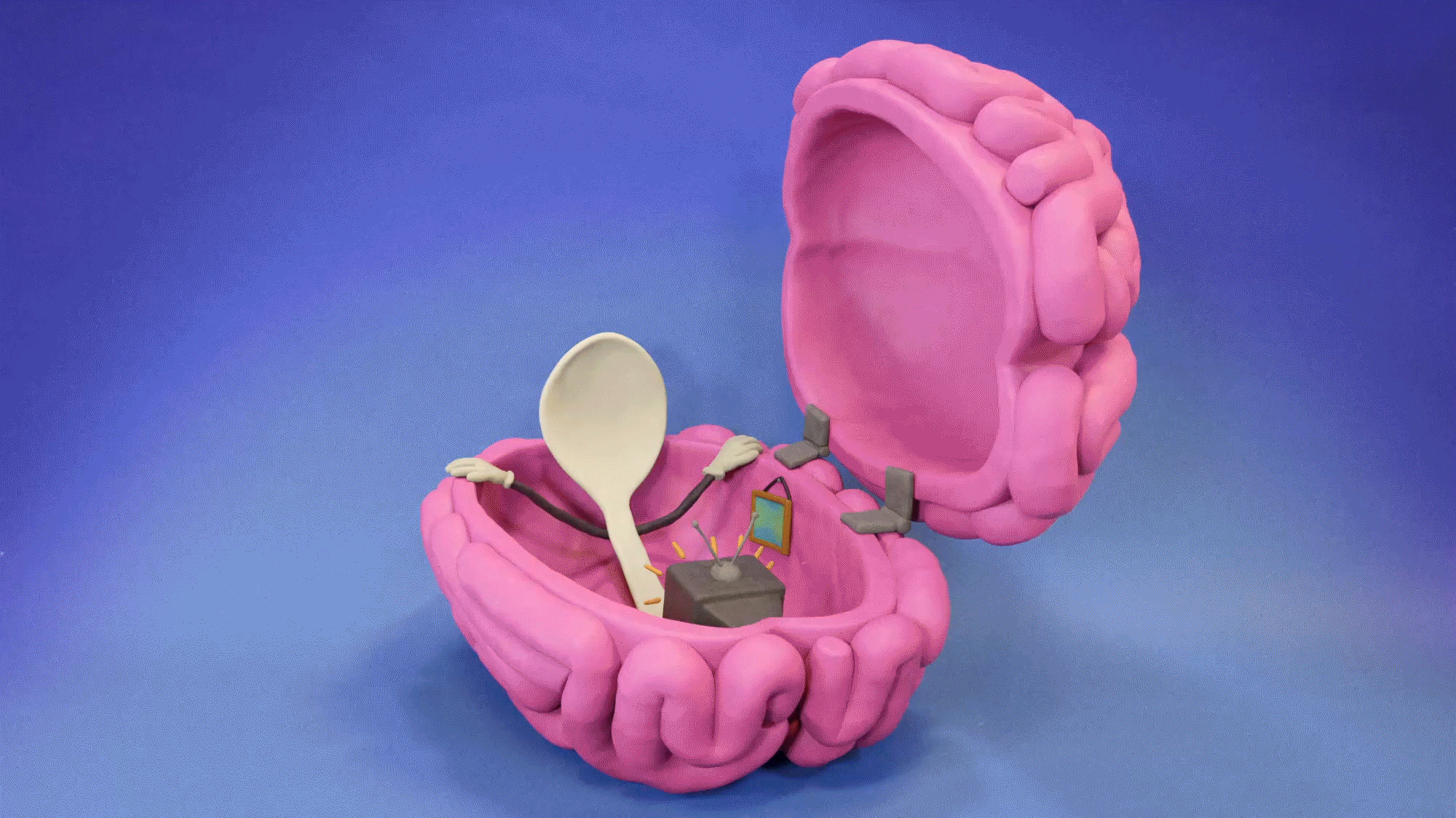 An animated gif of a brain opening to a spoon