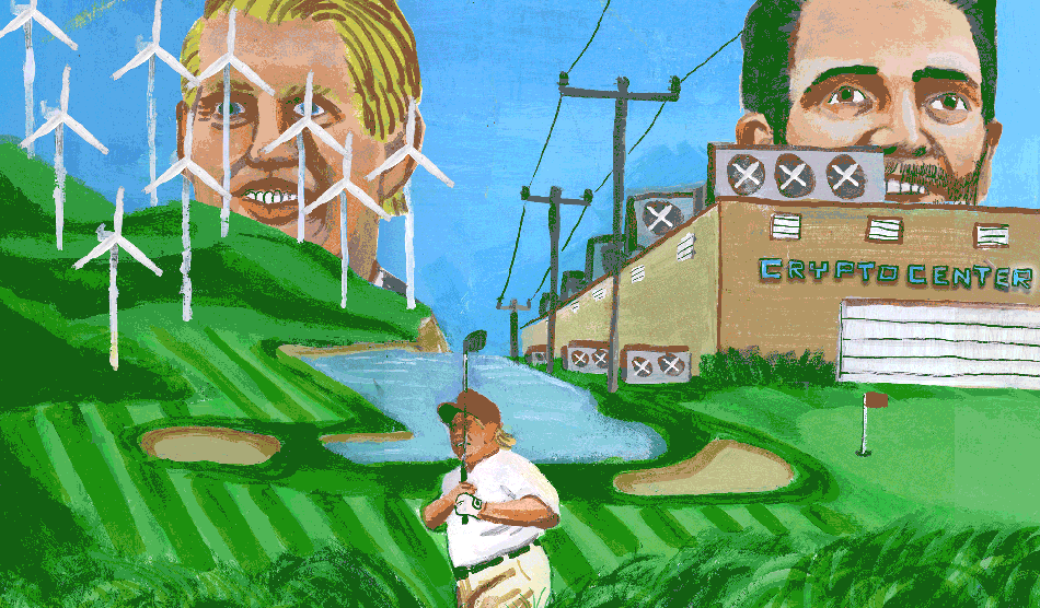 An illustration of Trump golfing next to solar panels. Drawings of his son's faces are in the background.
