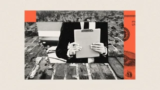 An illustration in black, white, tan, and red, of a person holding a clipboard and a demolished neighborhood.