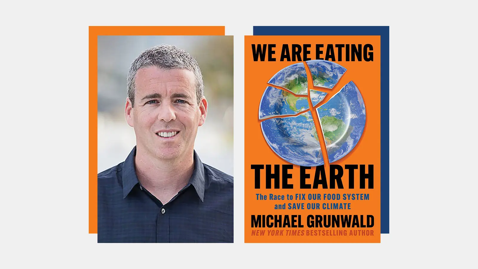 A photo with a man with close cropped hair and a book that says "We are eating the earth."