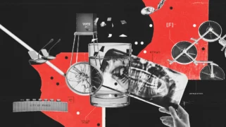 A black, white, and red illustration of teeth x-rays, industrial equipment, and water.