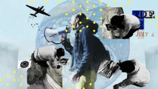 A photo illustration of a person shouting into a megaphone superimposed on the Earth.