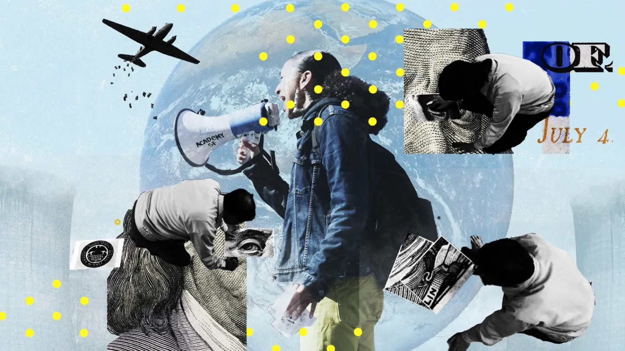 A photo illustration of a person shouting into a megaphone superimposed on the Earth.